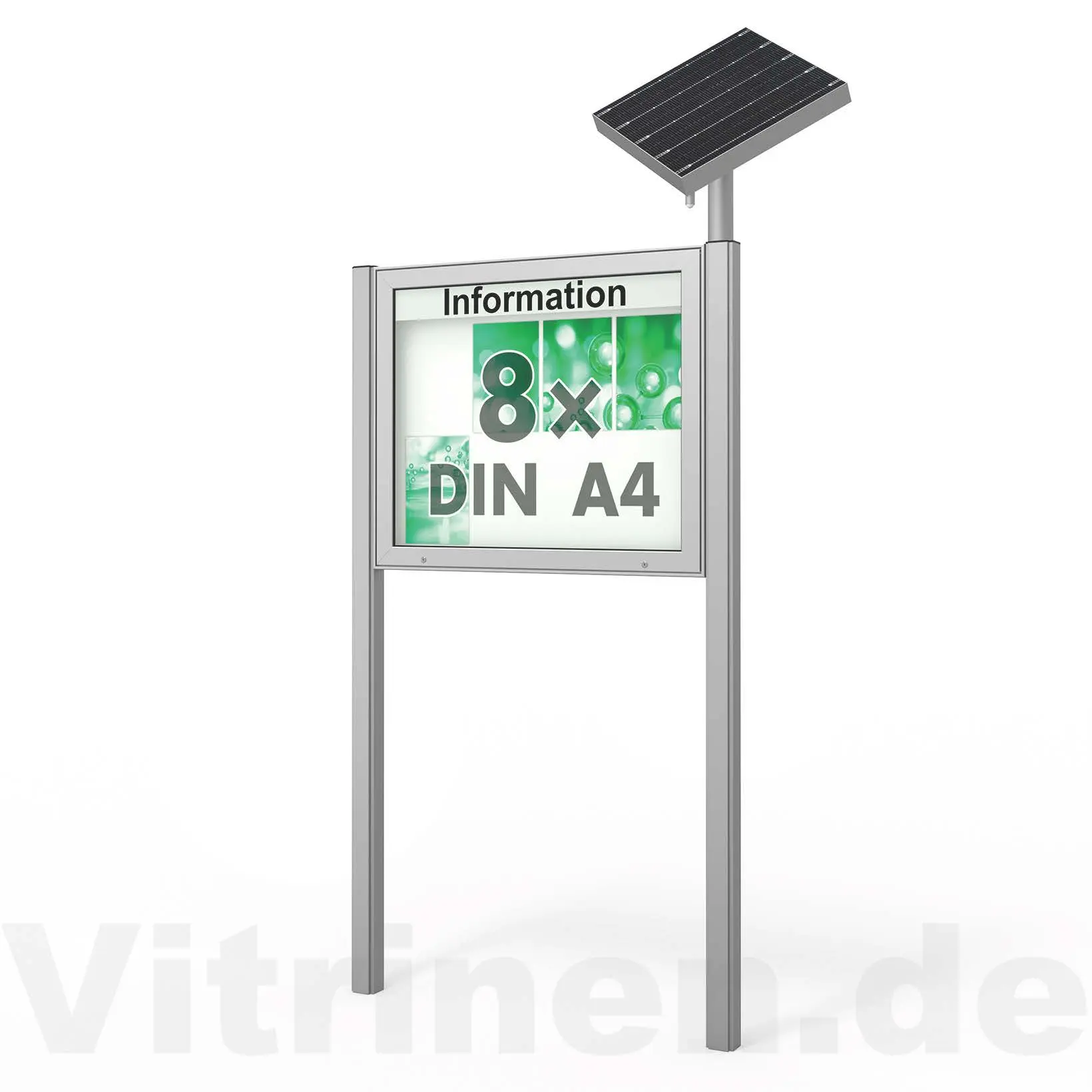 8 x DIN A4 Schaukasten Plenum eckig - der "Klassiker" mit Solar-Modul und Pfosten - Bautiefe 65mm
