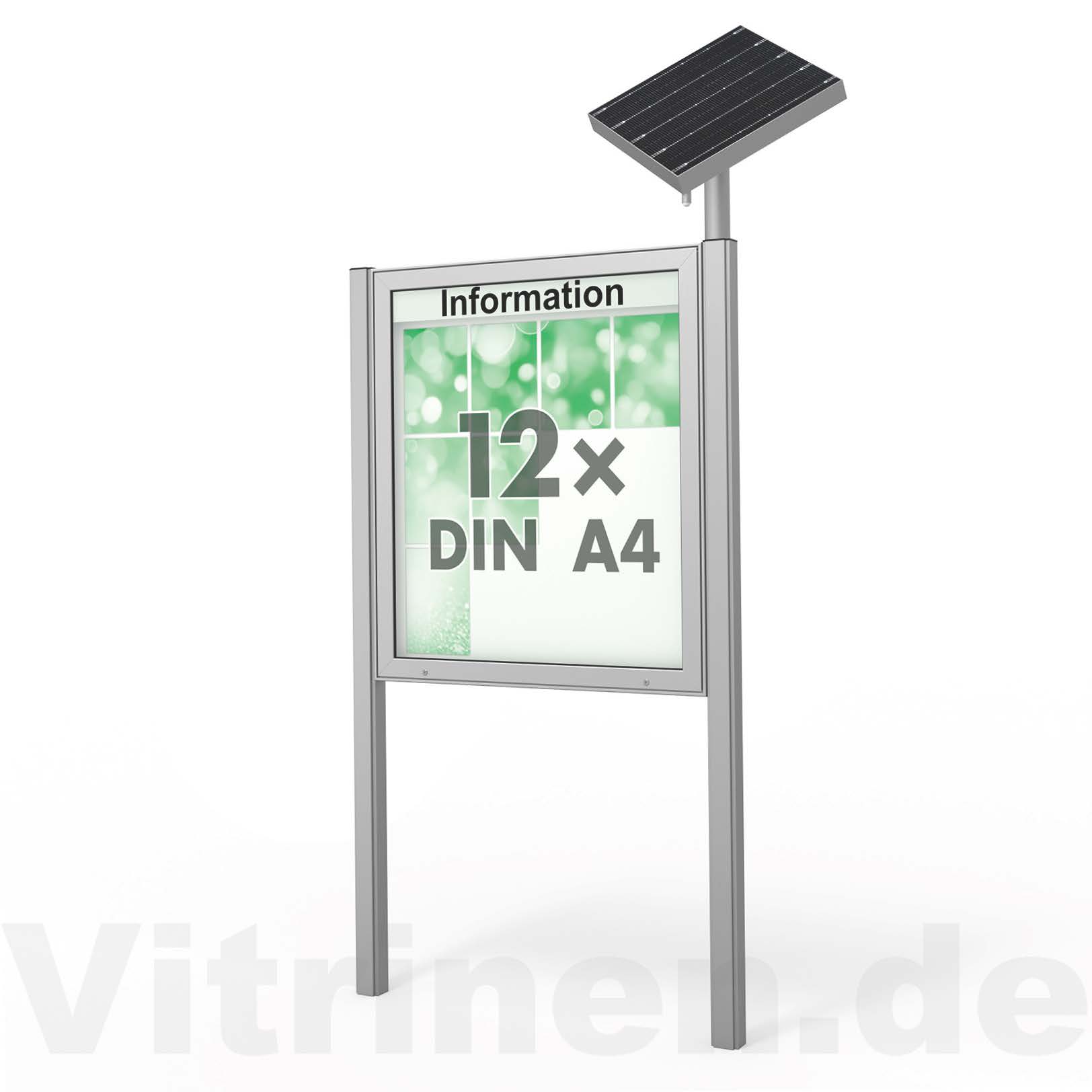 12 x DIN A4 Schaukasten Plenum eckig - der "Klassiker" mit Solar-Modul und Pfosten - Bautiefe 100mm